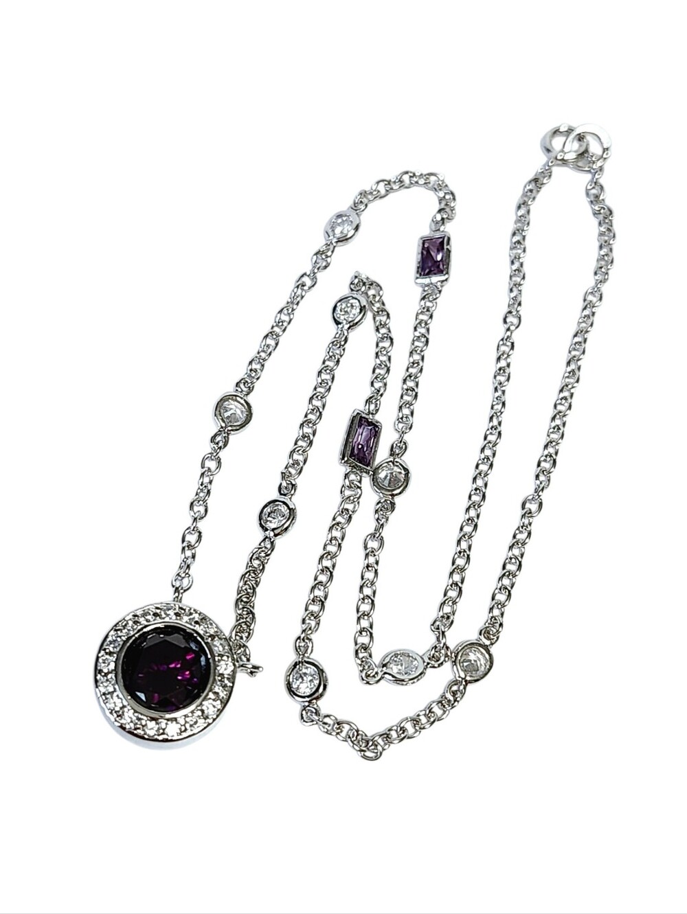 Sterling Silver Amethyst cz Pendant Stationery Necklace 16" - Picture 9 of 9